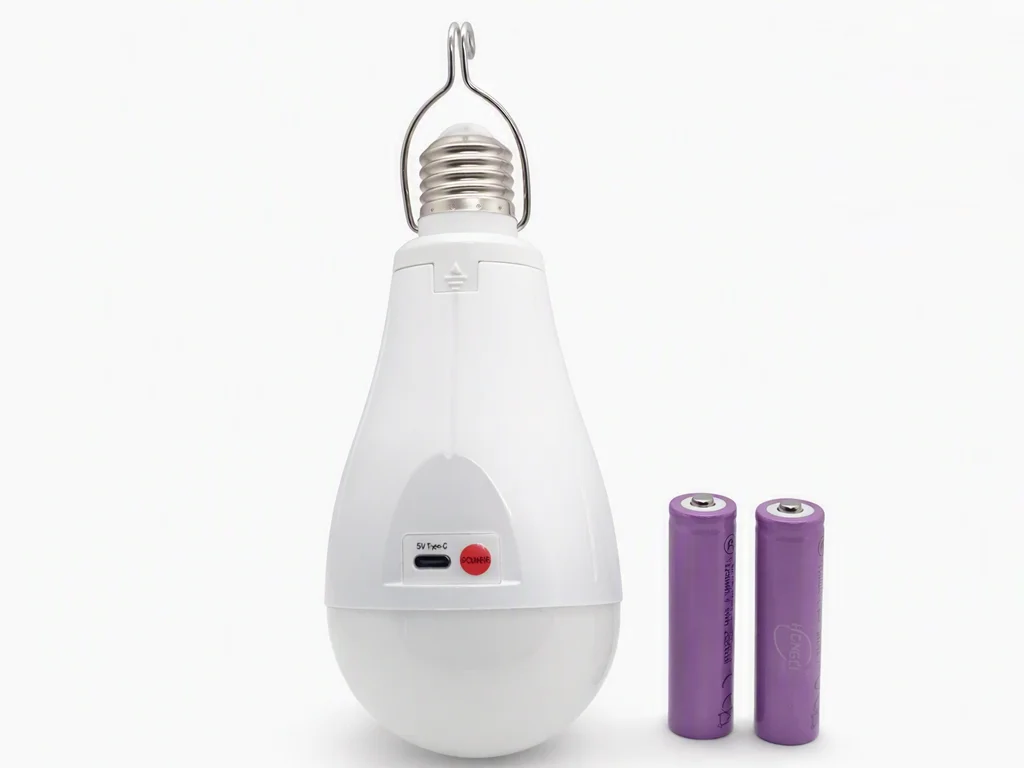 Аварійна LED‑лампа E27 з акумуляторами 2×18650 та USB-C 15W